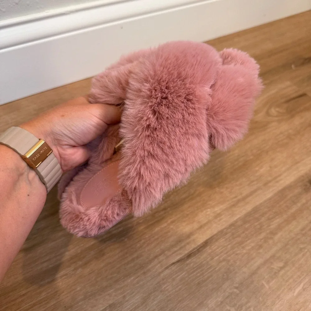 Stars Above Slippers Kids S 5/6 Pink Faux Fur Crisscross Open Toe Slide Shoes